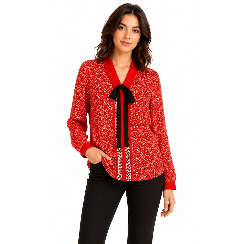 Pablo Paris Silk Blend Floral Tie Neck Blouse Red Print Size 40 French Designer